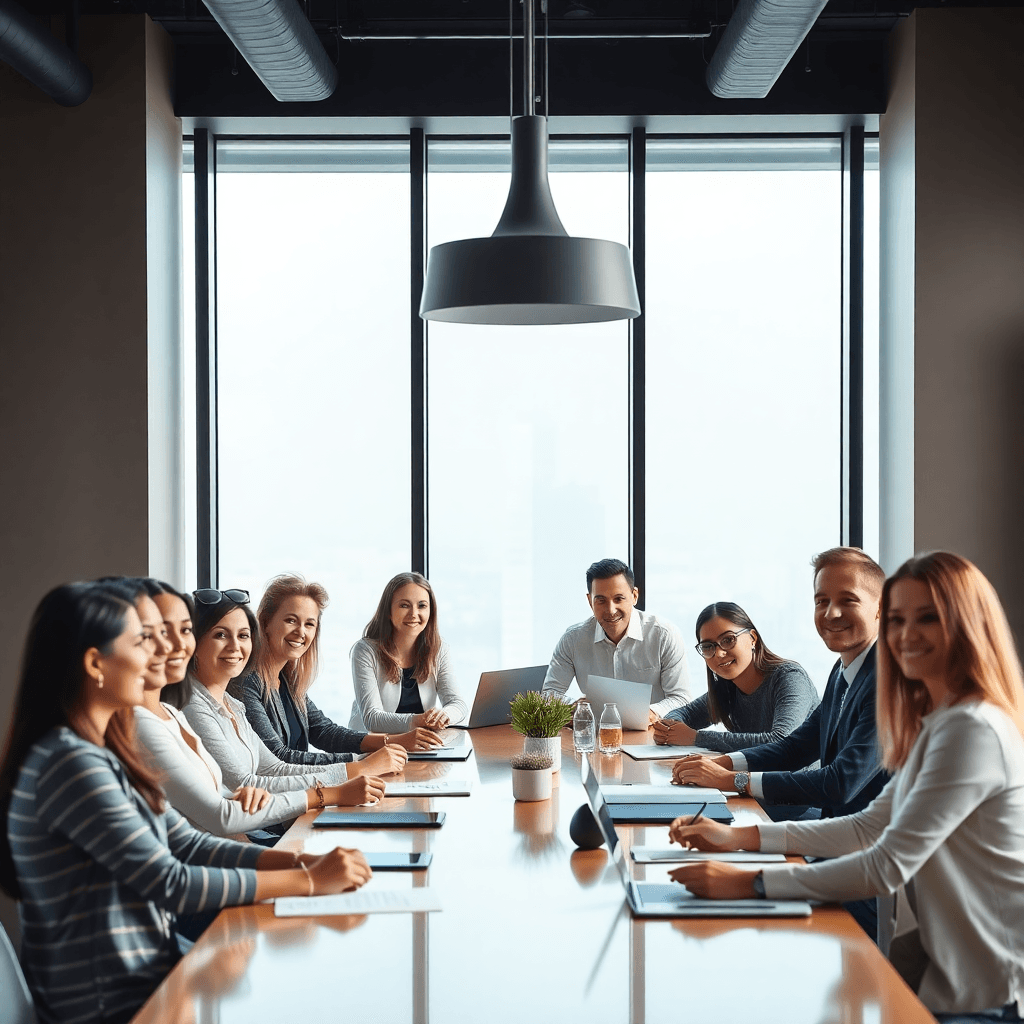 Diverse group of business professionals collaborating in modern office