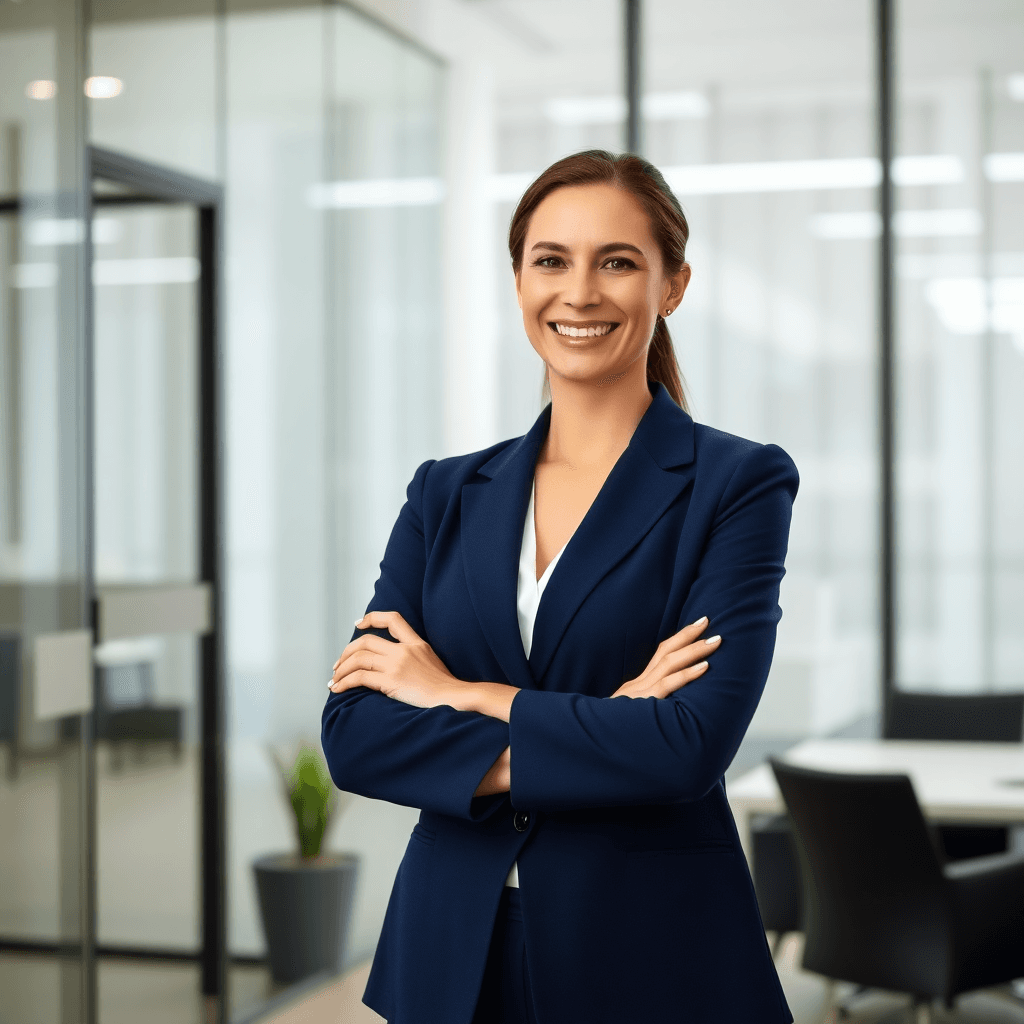 Confident professional business woman standing with arms crossed in modern bright office with glass walls, wearing elegant navy blue blazer, smiling warmly